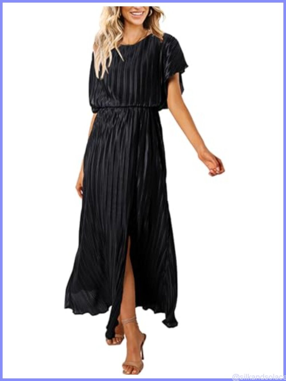 Women's Maxi Dress Short Sleeve Pleated Slit Empire Waist Formal Evening Gown